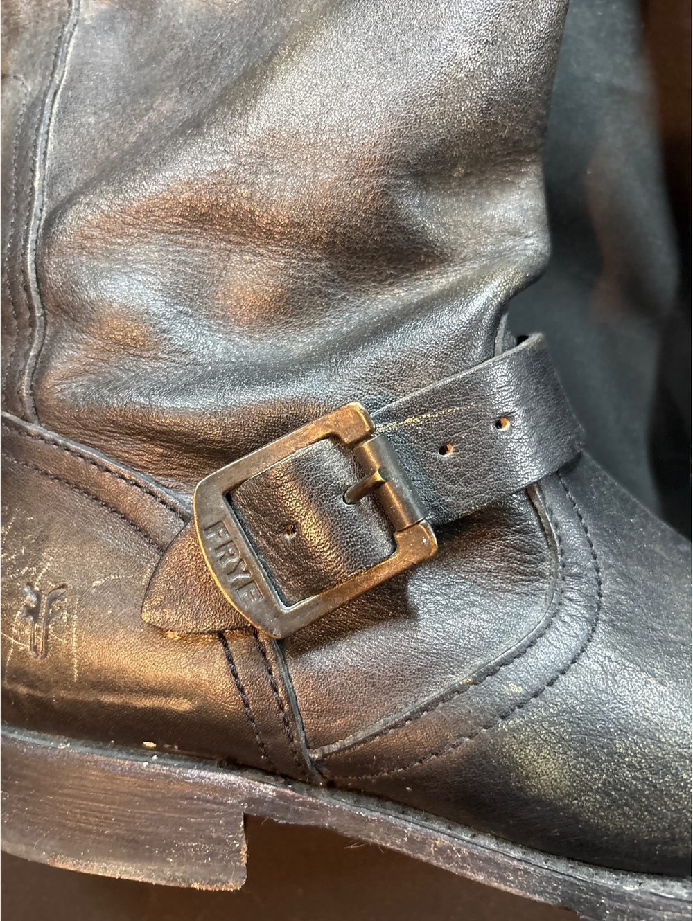 Frye Veronica Tall Slouch Black Leather Moto Boots Distressed Buckle - Picture 3 of 6